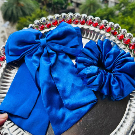 PixiePins blue XL Scrunchie & XL Bow Scrunchie Set – Oversized, Soft & Stylish Hair Ties for Bold Looks