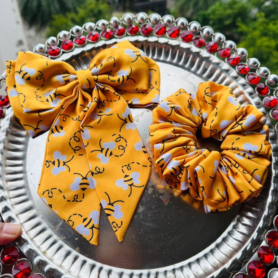 PixiePins Yellow XL Scrunchie & Bow Scrunchie Set – Bright, Oversized Hair Ties for Bold & Sunny Styles