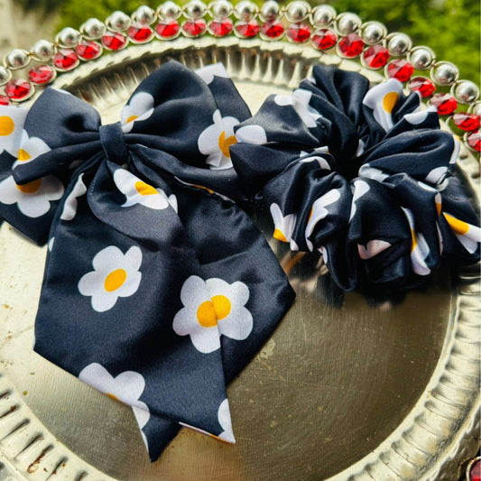 PixiePins Black Floral XL Scrunchie & Bow Scrunchie Set – Elegant Printed Hair Ties for Everyday & Occasion Wear