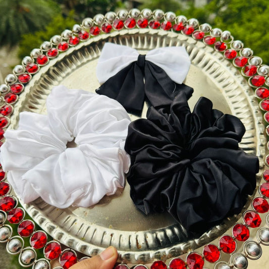 PixiePins Black & White Bow Scrunchie Set – Elegant Duo of XL Hair Ties for Minimal Chic Styling