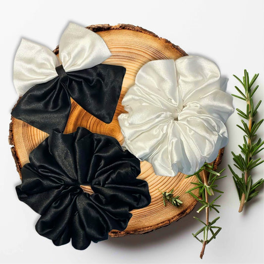 Dual-tone scrunchie and hair bow combo – classic black and white design