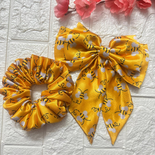Pixie Pins Honey Bee Combo – Set of 2 Large Scrunchies and 1 Oversized Bow for Women and Girls | Stylish Hair Accessories
