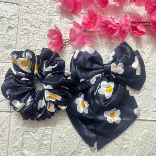 Pixie Pins Royal Combo – Set of 2 Large Scrunchies and 1 Medium Hair Bow for Girls and Women | Elegant Hair Accessories 